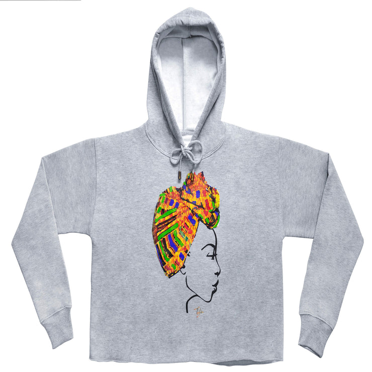 MISS AFRICA WITH TRADITIONAL FESTIVAL HEAD WRAP (LADIES CROPPED FRENCH TERRY HOODIE)